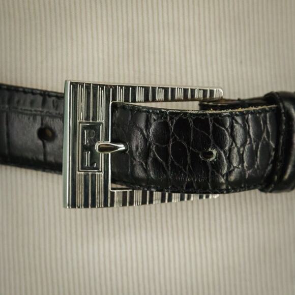 Ralph Lauren Size Small S Black Croc Embossed Leather Silver Tone Buckle Belt - Picture 2 of 9